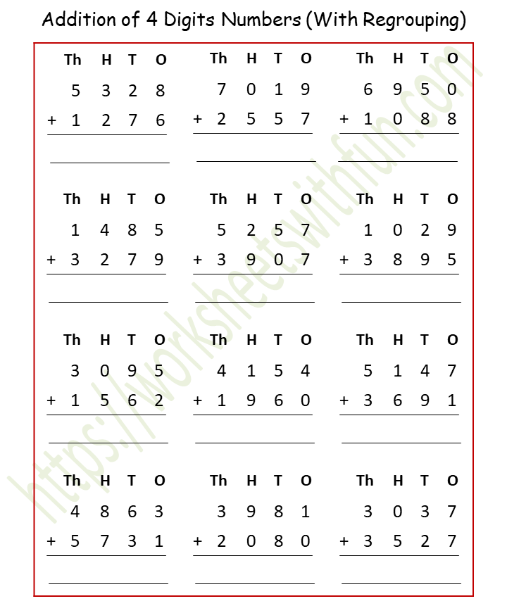 Maths Class 4 Addition Of 4 Digits Numbers With Regrouping Worksheet 7